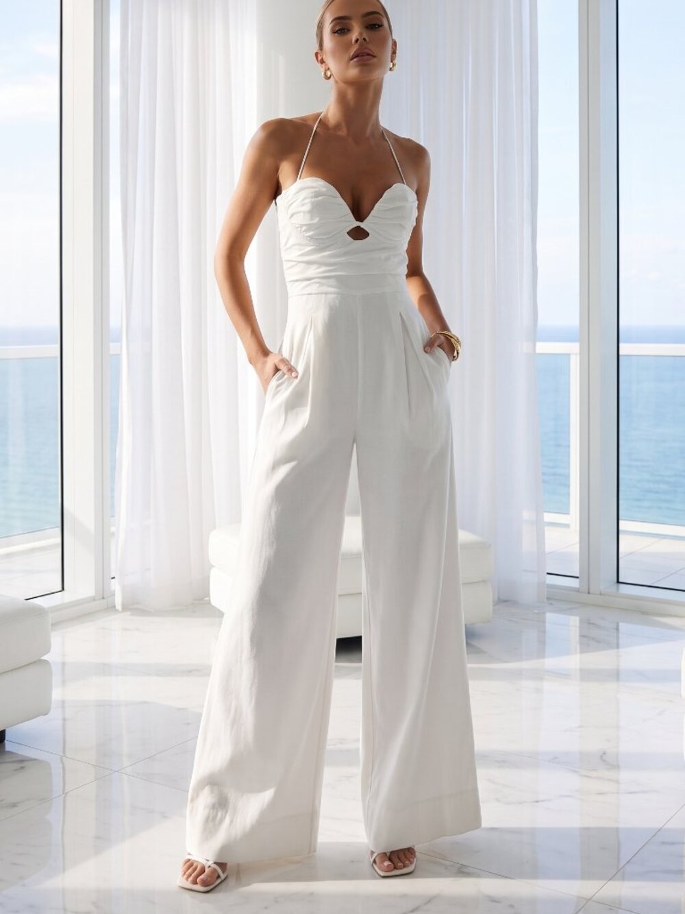 REVOLVE White Strapless Wide-Leg Jumpsuit with Halter Detail